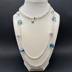 Monet Station Necklace Blue Stone Silver Tone Multi Strand Crystal Long 34"